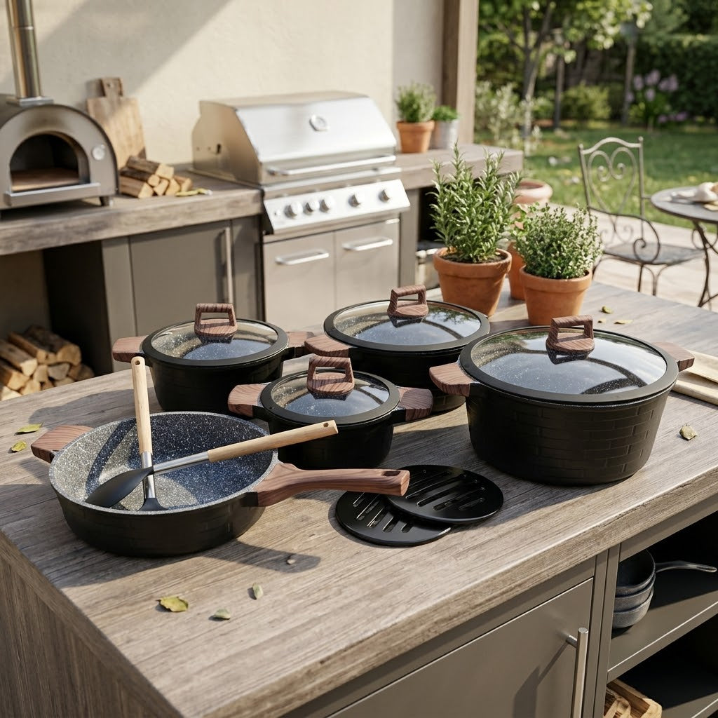 13-piece granite coating cookware set with 20cm, 24cm, 28cm and 32cm casseroles, 28cm deep frying pan, 2 shovels and 2 insulation pads, available in Nairobi, Kenya