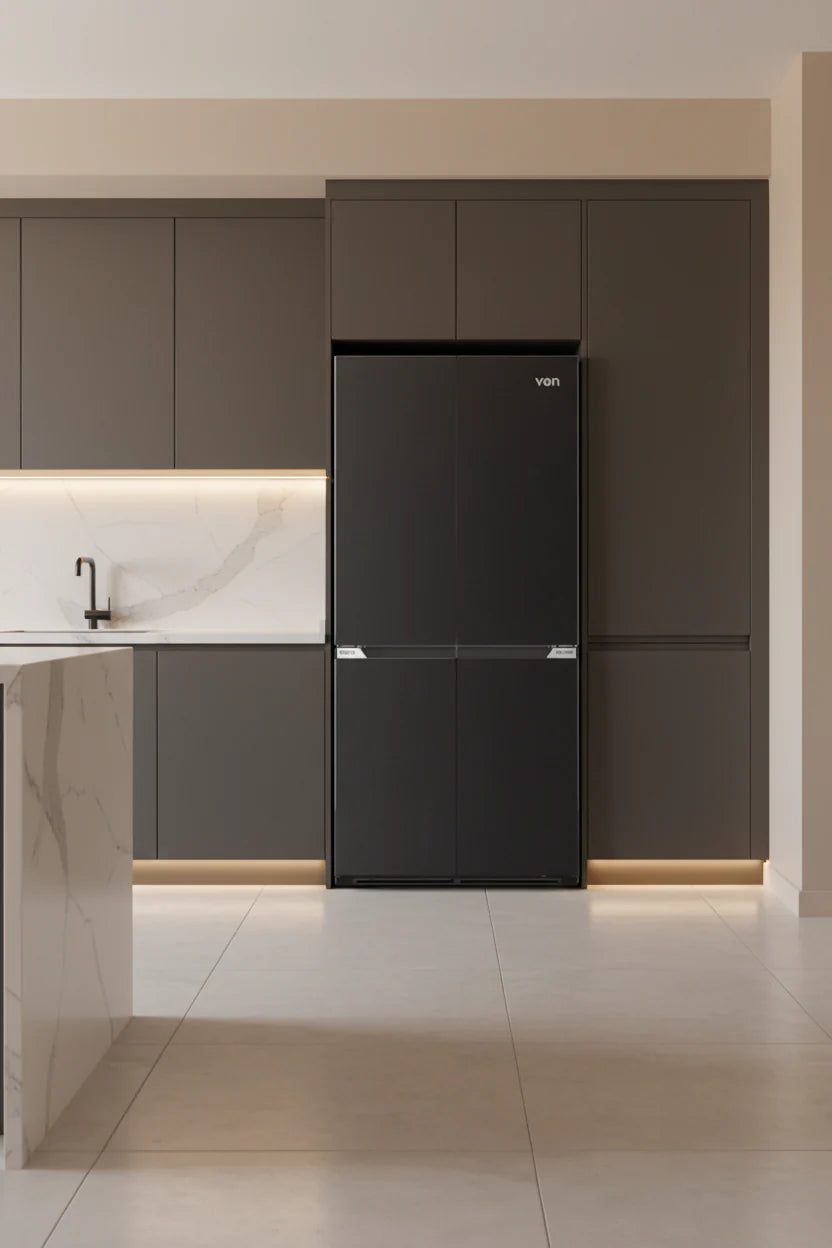 505l four door no frost fridge dark inox inverter refrigerator 905x597x1902mm multi compartment smart cooling system energy efficient premium kitchen appliance adjustable shelves freezer drawers