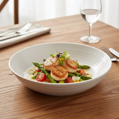 22cm ceramic deep plate with white-grey spiral texture, ideal for pasta, soups, and grain bowls