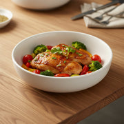 Set of 6 ceramic deep plates, 21cm, light matte beige, hybrid bowl-plate design for saucy meals