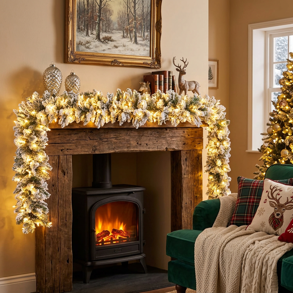 2.7m snow flocked Christmas garland with inbuilt lights, available in Nairobi, Kenya.