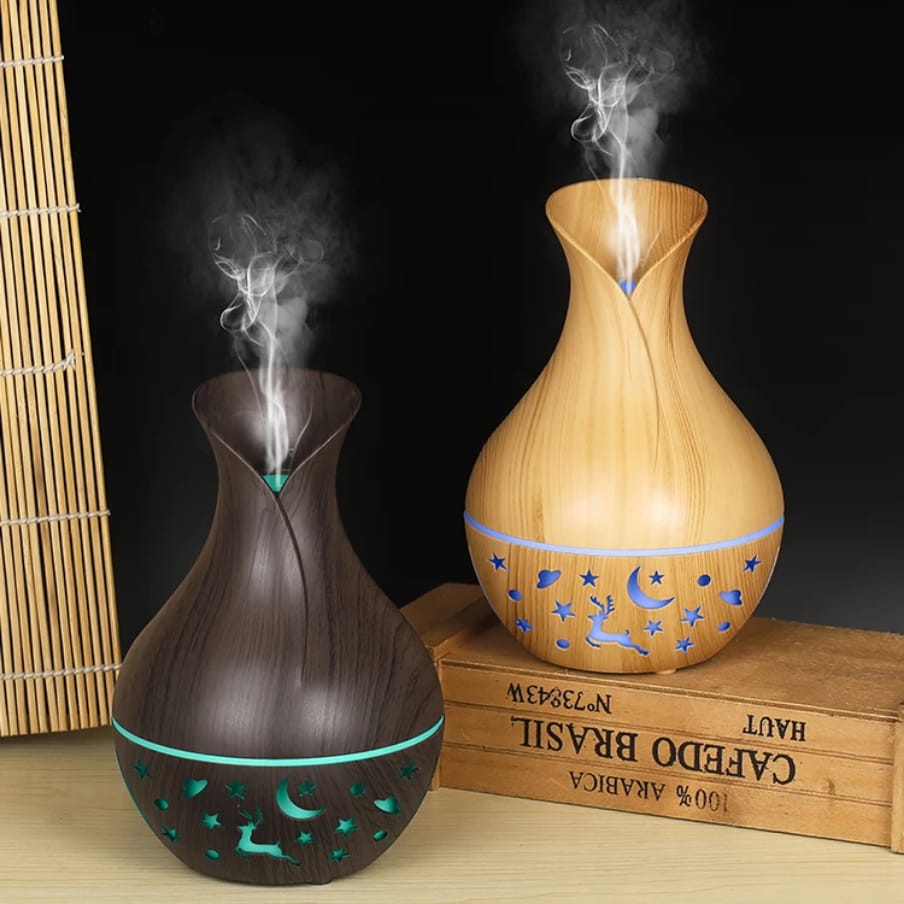 200ml wooden design ultrasonic humidifier and diffuser with colourful night lamp and one-key start and stop function, available in Nairobi, Kenya
