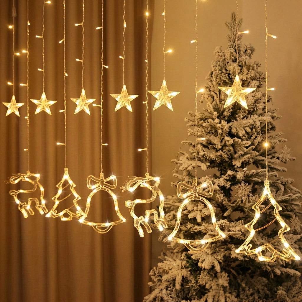 1.3m Christmas Curtain Lights with Star, Reindeer, Pine Tree and Bell Designs