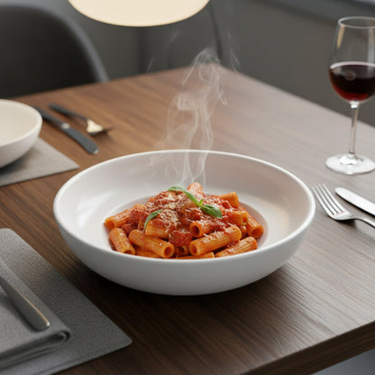 Set of 6 ceramic deep plates, 21cm, matte white, hybrid bowl-plate design for saucy meals