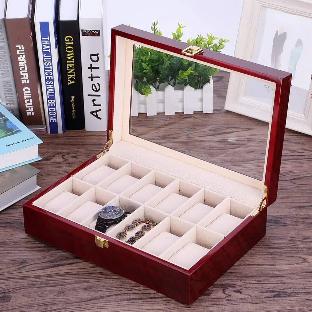 12 Slot Wooden Watch Organiser with Glass Top for Watch Storage and Display available in Nairobi, Kenya