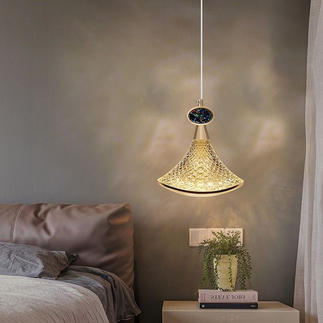 Dawood Lifestyle & Gadgets kes gold mesh cone pendant light with laser-cut metal pattern, smoked crystal accent, and luxury ceiling-mounted design creating decorative shadow effects for modern interiors.