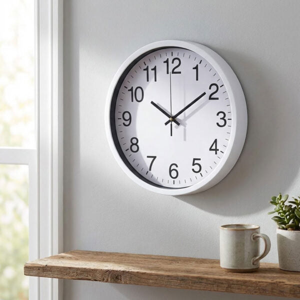 30cm white frame wall clock with black numerals, clear dial, silent quartz movement, easy to read design, Dawood Lifestyle & Gadgets