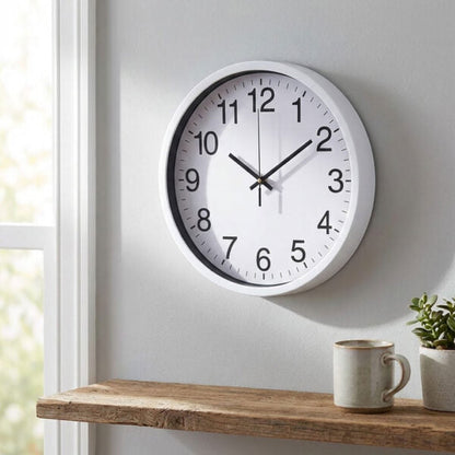 30cm white frame wall clock with black numerals, clear dial, silent quartz movement, easy to read design, Dawood Lifestyle & Gadgets