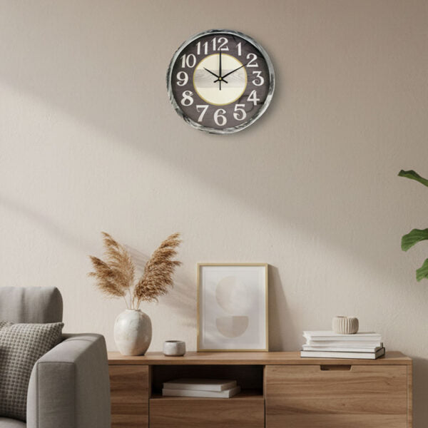 30cm rustic wall clock with weathered wood dial, bold numerals, subtle gold accents, and distressed frame, Dawood Lifestyle & Gadgets