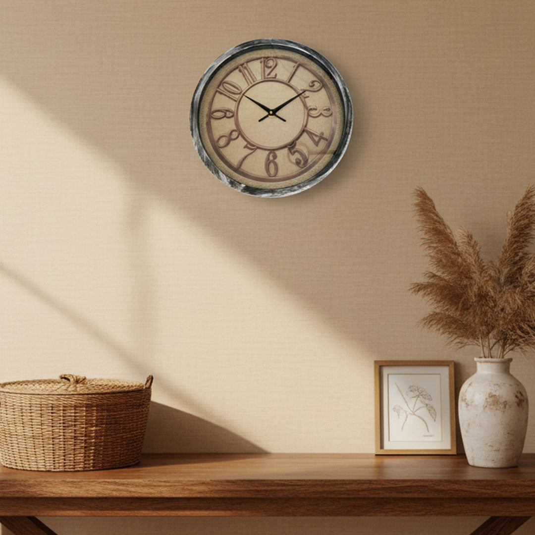 30cm vintage style wall clock with textured dial, raised numerals, and weathered frame, Dawood Lifestyle & Gadgets