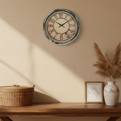 30cm vintage style wall clock with textured dial, raised numerals, and weathered frame, Dawood Lifestyle & Gadgets