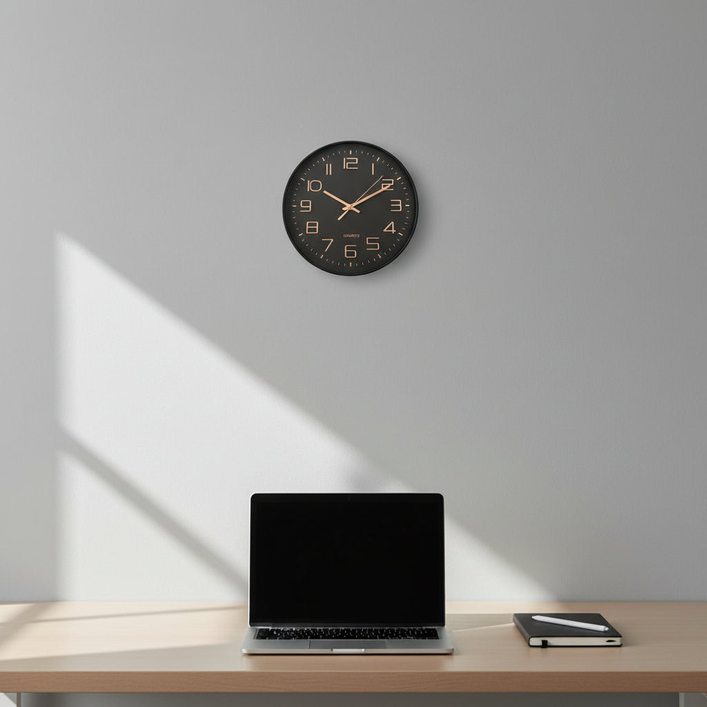 30cm black wall clock with rose gold numerals and hands, minimalist modern design, silent quartz movement, Dawood Lifestyle & Gadgets
