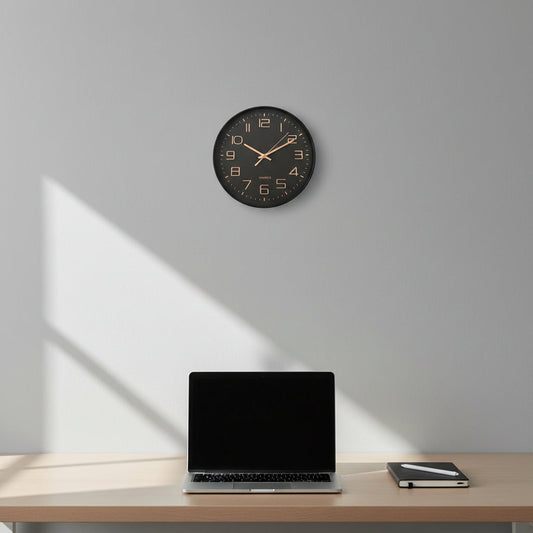 30cm black wall clock with rose gold numerals and hands, minimalist modern design, silent quartz movement, Dawood Lifestyle & Gadgets