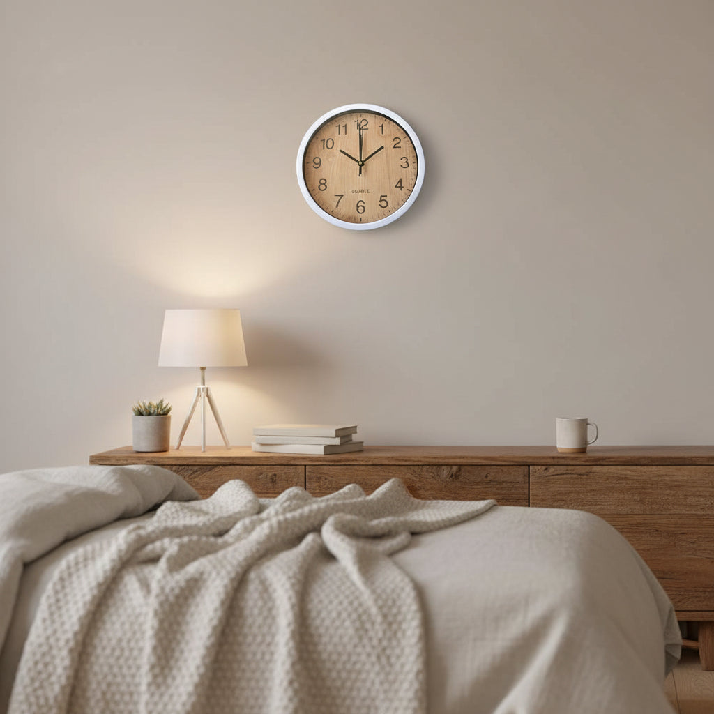 30cm white wall clock with light woodgrain face, bold black numerals, silent quartz movement, modern minimalist design, Dawood Lifestyle & Gadgets