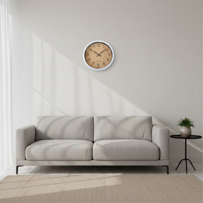 30cm White Wall Clock with Woodgrain Face
