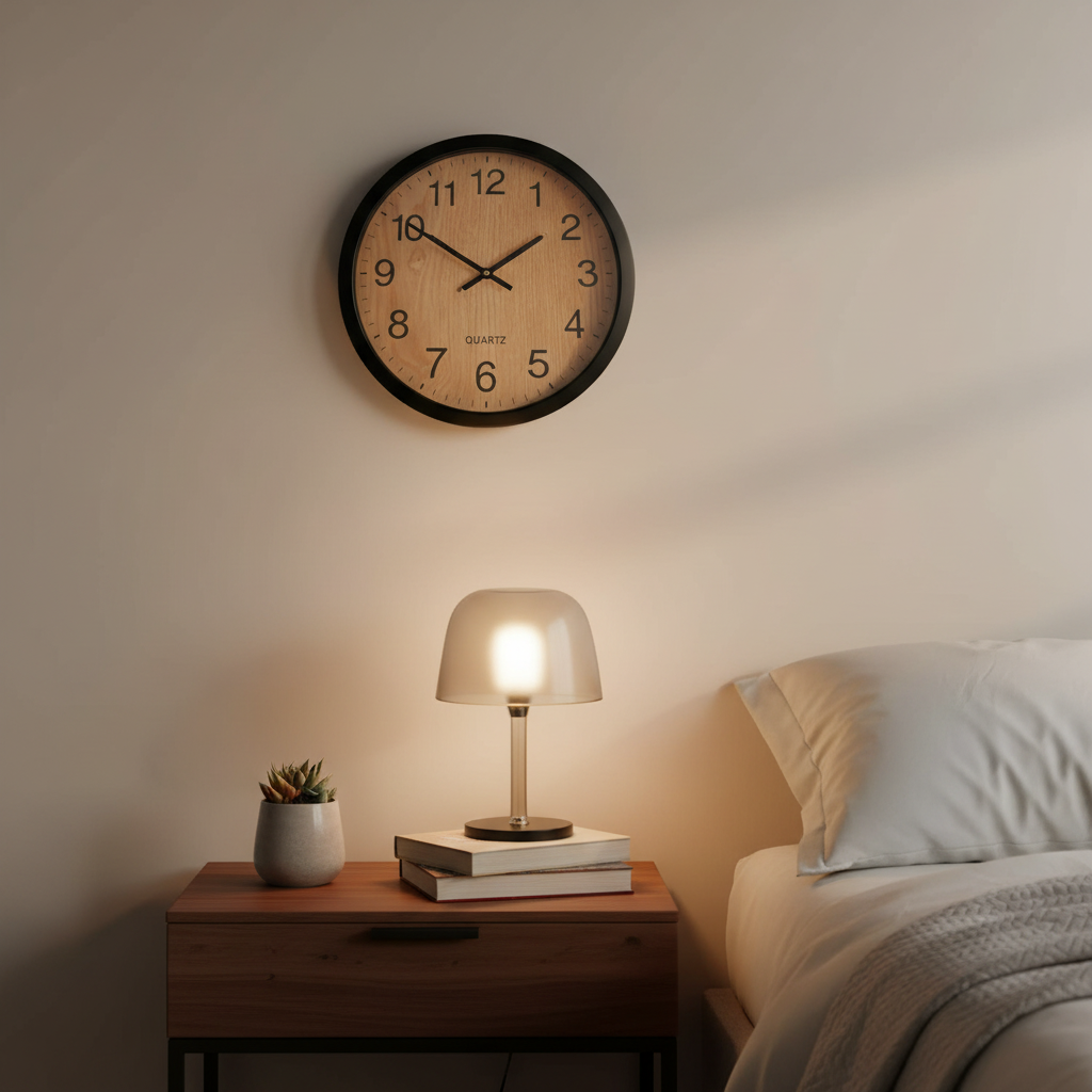 30cm Black Wall Clock with Woodgrain Face