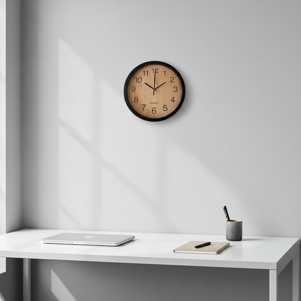 30cm Black Wall Clock with Woodgrain Face