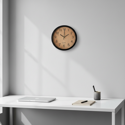 30cm Black Wall Clock with Woodgrain Face