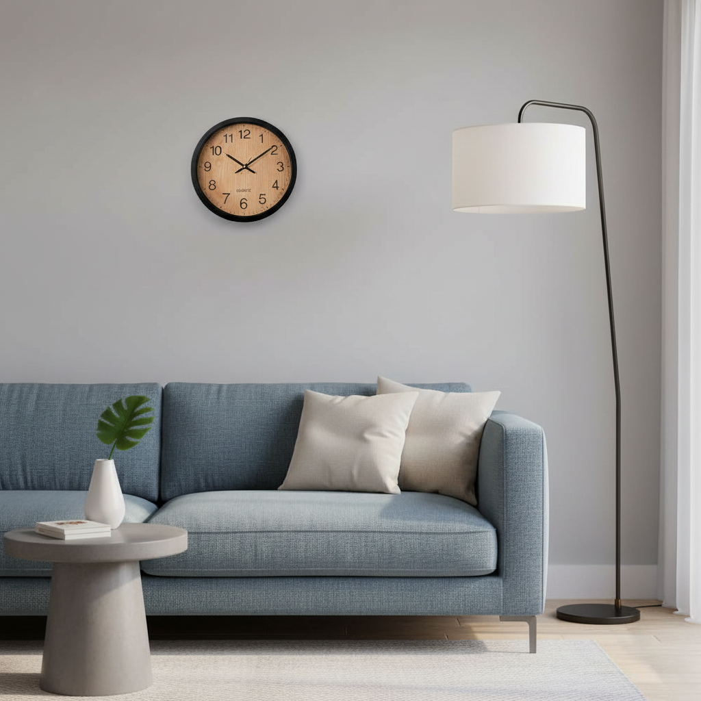 30cm Black Wall Clock with Woodgrain Face
