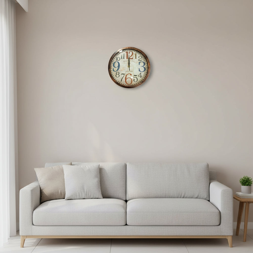 30cm vintage-inspired wall clock with distressed dial, bold multicolored numerals, classic round frame, available in black or brown, Dawood Lifestyle & Gadgets