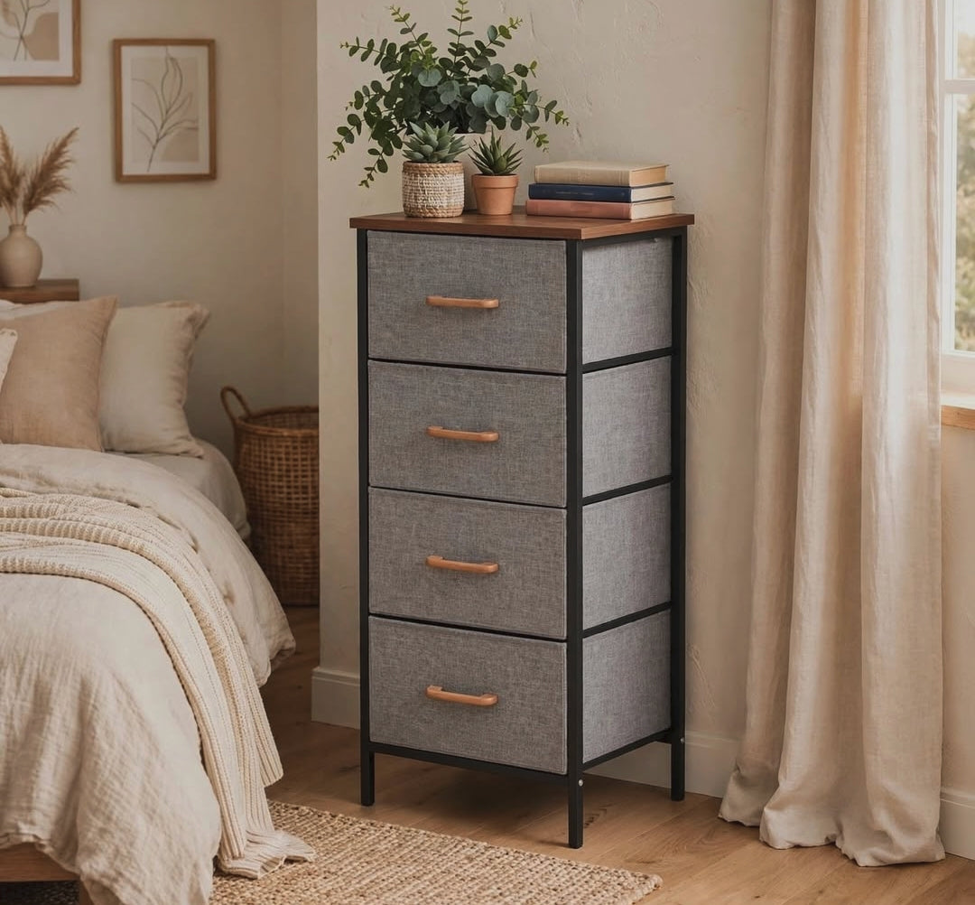 4-drawer fabric storage cabinet, grey linen with wooden tabletop, 40 × 30 × 94cm, available in Nairobi, Kenya