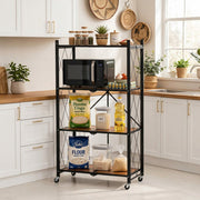 4-tier foldable storage rack with wheels, brown oak shelves and black carbon steel frame, 73 × 34 × 126cm, available in Nairobi, Kenya