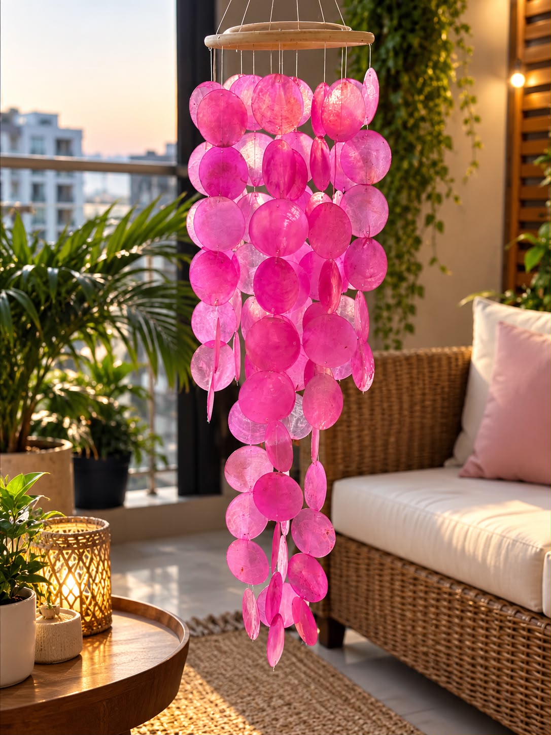 45cm real capiz shell wind chime with wooden details in pink, available in Nairobi, Kenya