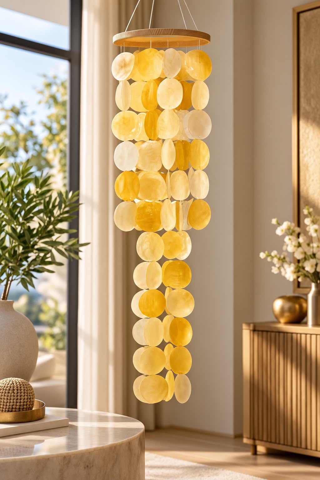 45cm real capiz shell wind chime with wooden details in yellow, available in Nairobi, Kenya