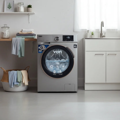 10kg front load washing machine 1400rpm inverter motor silver steam technology a+++ energy efficient washer 595x495x850mm multi program laundry appliance
