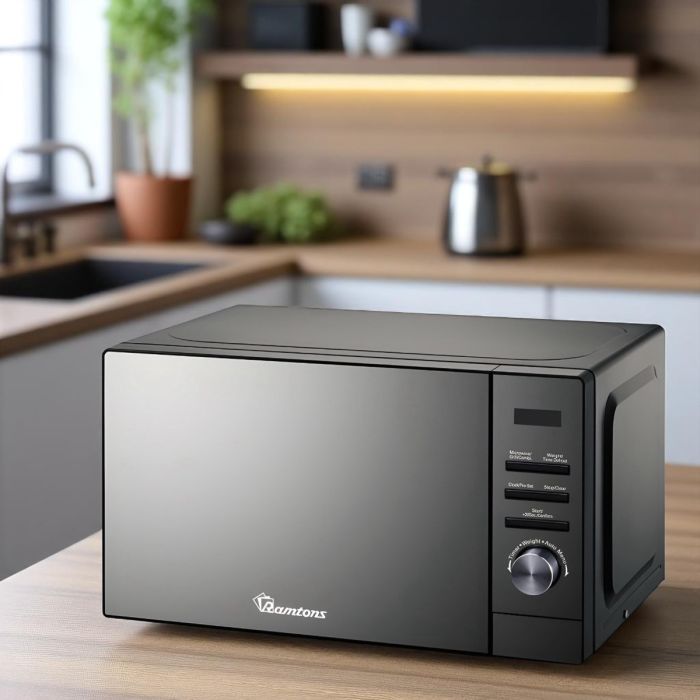 20L Ramtons Microwave + Grill, RM/682, Mirror Finish, 700W Microwave, 1000W Grill, digital timer, child lock