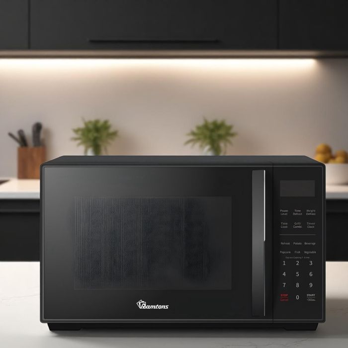 Twenty five liter microwave and grill with eleven power levels, glass turntable, and child safety lock