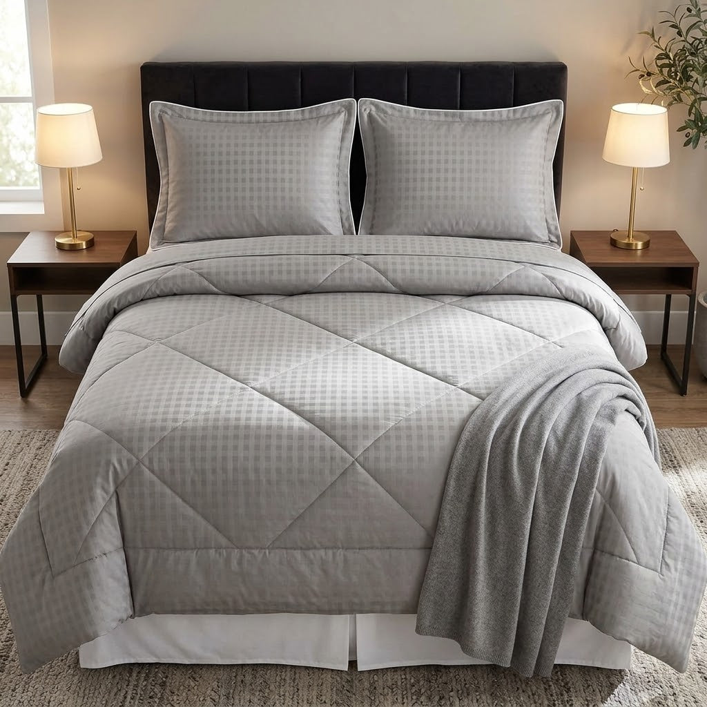 6 × 7 ft striped binded cotton duvet set with matching bedsheet and 2 pillowcases in grey, available in Nairobi, Kenya