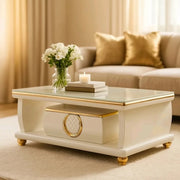 Dawood Lifestyle & Gadgets kes luxury coffee table with frosted marble glass top, high-gloss white MDF body, gold trim, open shelves, centre drawer, and gold metal feet for modern living room décor