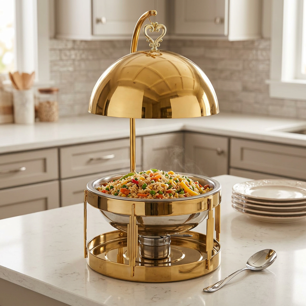 8-litre stainless steel chafing dish with round hanging lid in gold, available in Nairobi, Kenya
