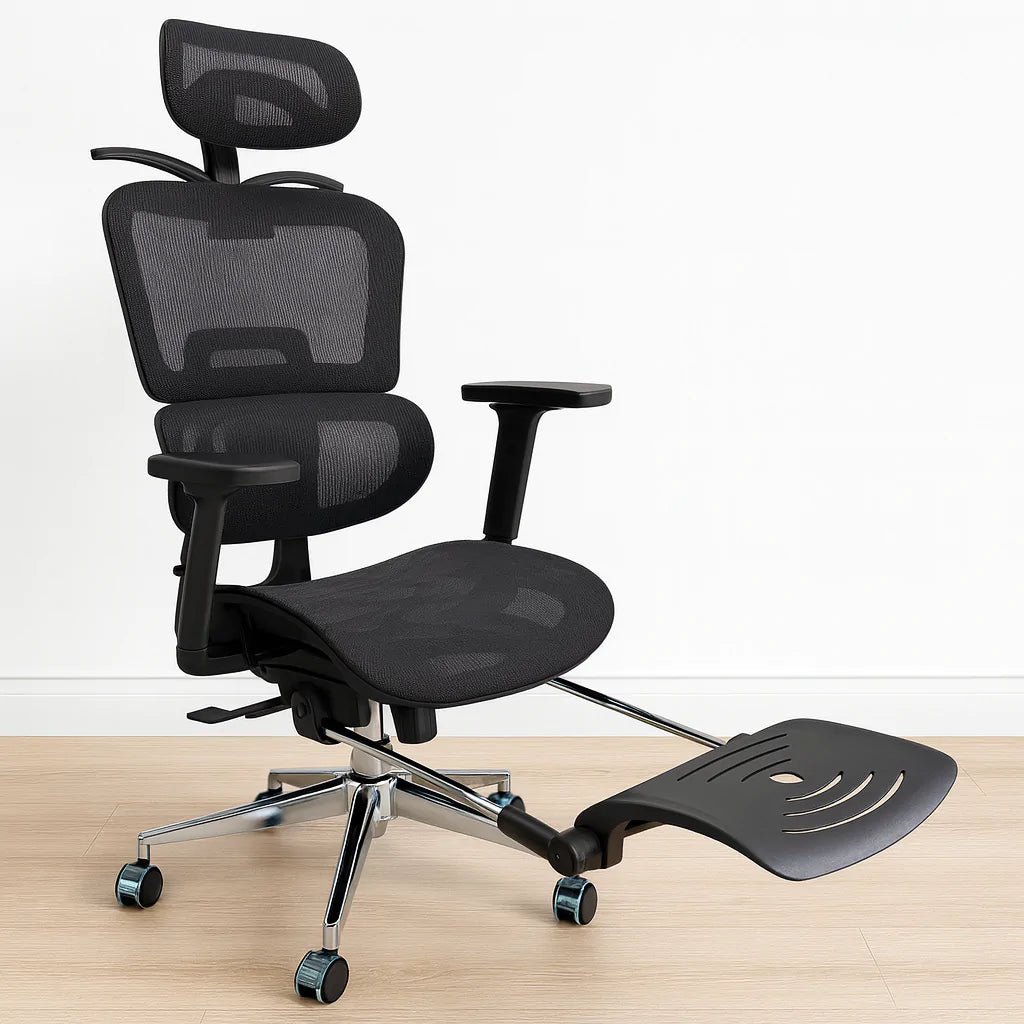 Dawood Lifestyle & Gadgets kes ergonomic executive office chair FOC 071 with breathable mesh back, adjustable headrest, lumbar support, retractable footrest, flip-up armrests, and chrome wheeled base