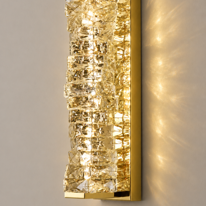 Gold crystal 18W LED wall light with tri-colour lighting and decorative crystal accents for living rooms, bedrooms, hotels, and reception areas WH 2605-GO-TC - Gemelli Collection