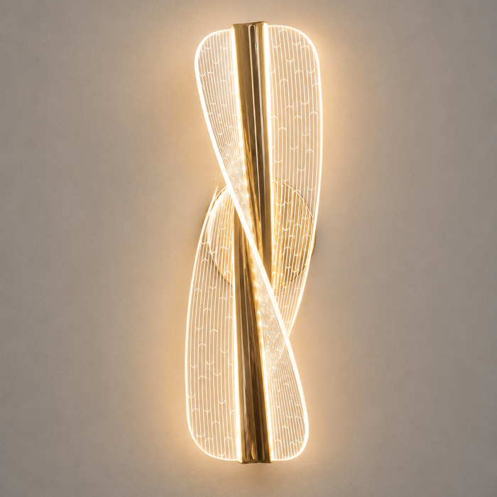 Gold 18W LED decorative indoor wall light with sculptural design and 3000K warm white illumination for living rooms, hotels, and reception areas WH 2601-20-GO-WW - Gemelli Collection