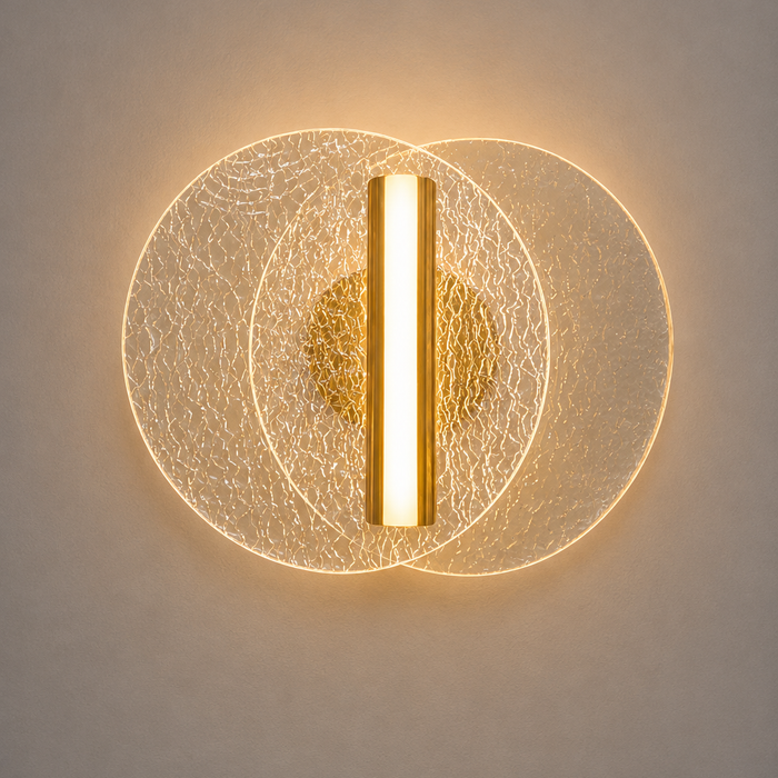 Gold 7W LED indoor wall lamp with overlapping circular design and 3000K warm white light for living rooms, bedrooms, and reception areas WH 2604-20-GO-WW - Gemelli Collection