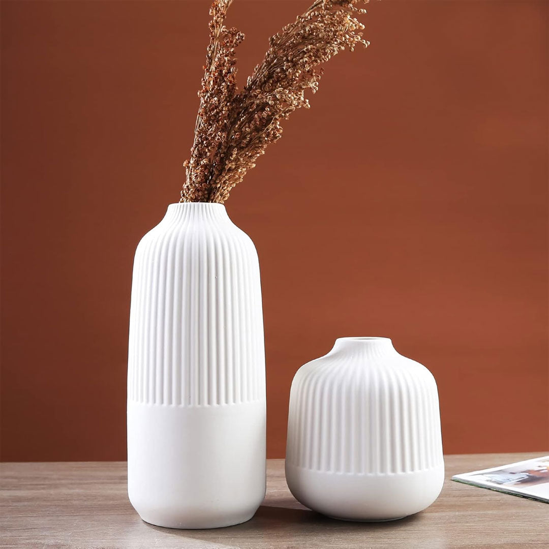 2pc  White Ceramic Vases with Ribbed Design