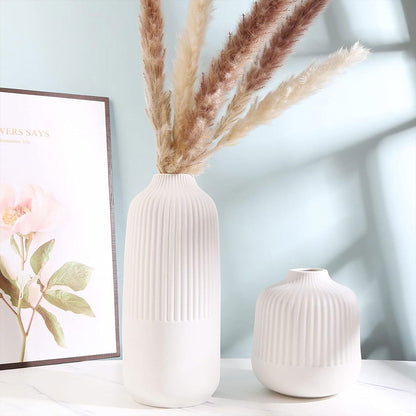2pc  White Ceramic Vases with Ribbed Design