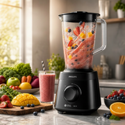 Philips Daily Collection HR2141 blender with 1.5L jar and stainless steel blades for smoothies, juices, and soups.