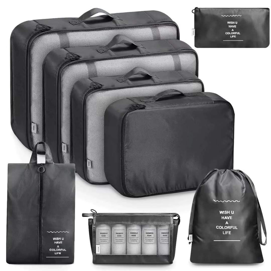 8pcs luggage travel organizers set with cubes, accessory bags, and laundry/shoe bag for suitcase organization