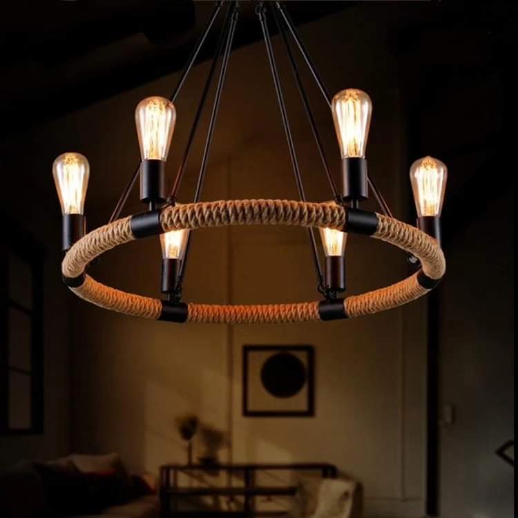 Vintage hemp rope hanging chandelier with rustic industrial design for dining or living room