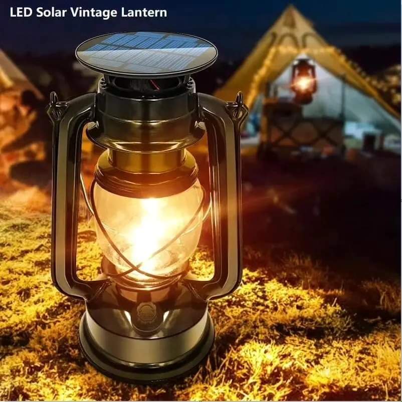 Rechargeable waterproof solar lantern with dimmable warm white light and dual charging options
