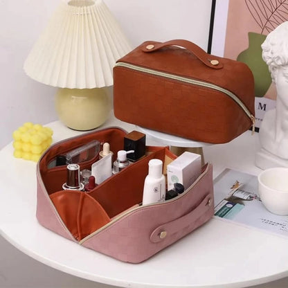 Luxury checkered makeup organizer bag with multi compartments for cosmetics and travel storage
