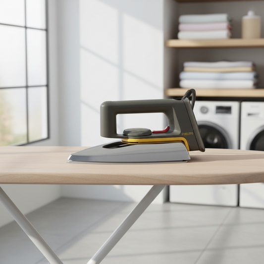 Electric iron for removing wrinkles and maintaining neat, smooth clothing.
