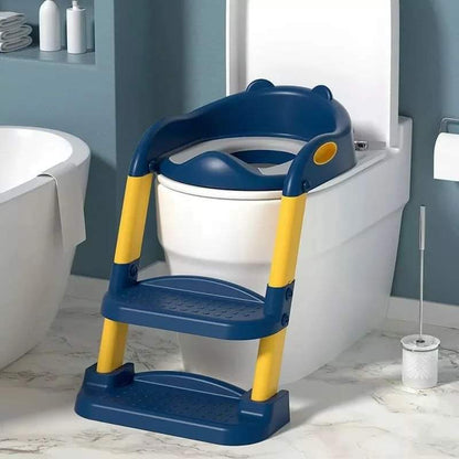kids toilet training seat with ladder in blue, royal blue, light blue, and pink
