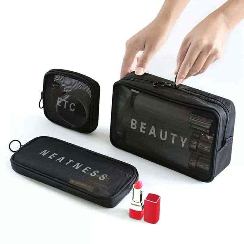 3pcs mesh portable accessories organizer for toiletries, cosmetics, and small essentials