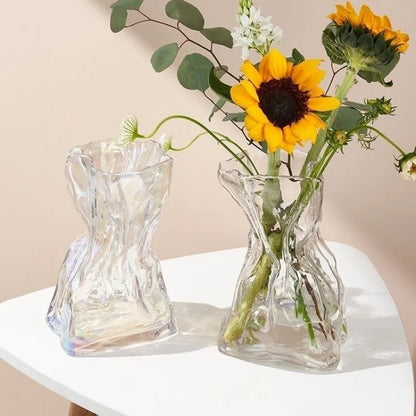 Scrunched Clear Glass Vase with Crumpled Texture