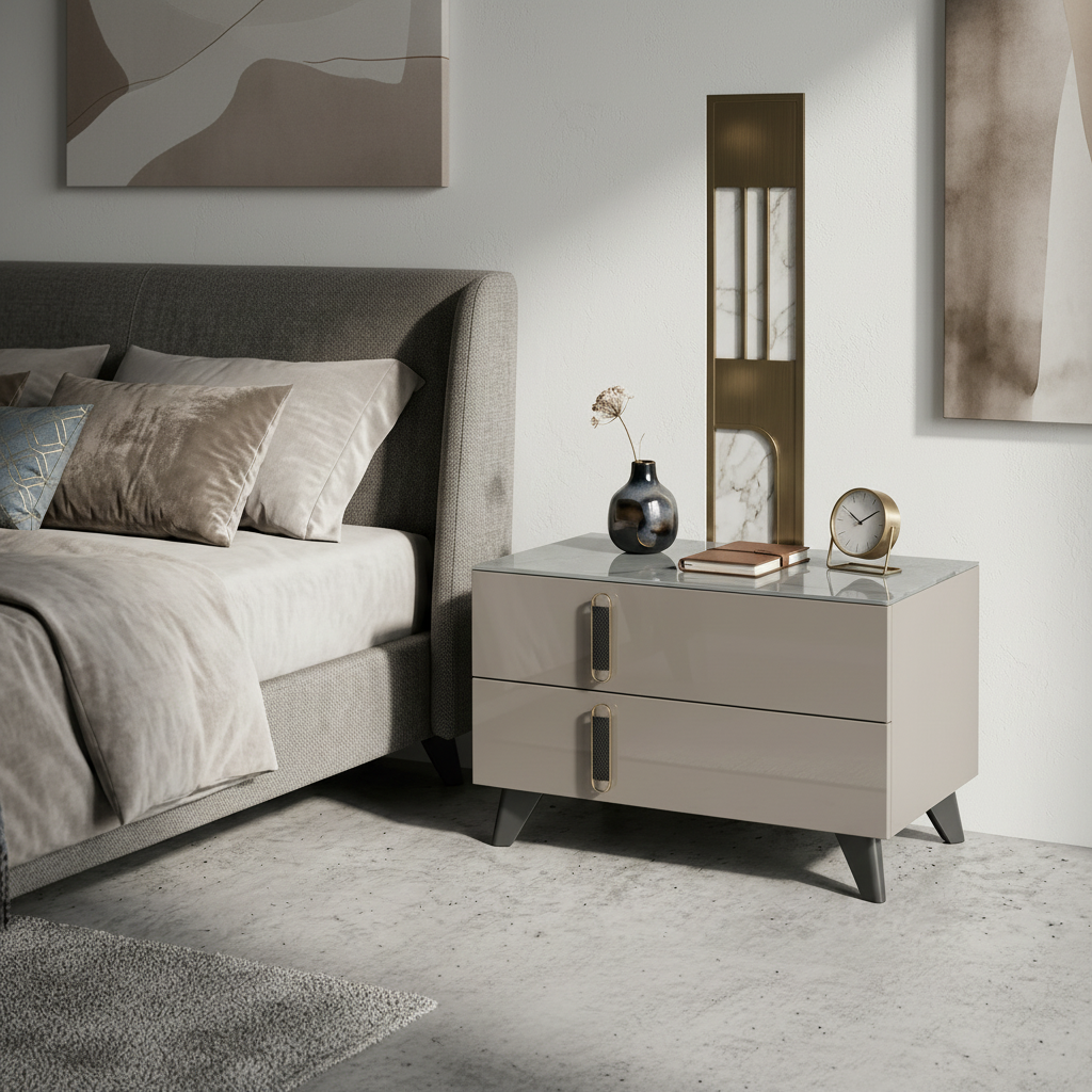 Two Drawer Bedside Nightstand with Vertical Black Handles
